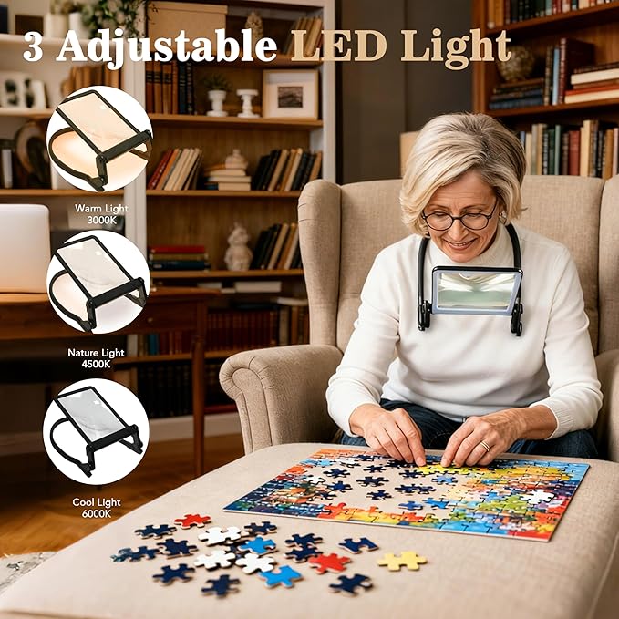 Magnifying Glass with Light for Reading,Hands Free Page Reading Magnifier for Books with 3 Color Dimmable, Neck Wear Large Screen Stand Glasses for Close Work Seniors Low Vision Rechargeable