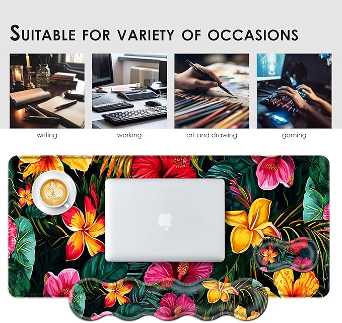 BFUKVOU Large Keyboard Mouse Pad Set, Extended Mouse Pad+Keyboard Wrist Rest Support, Memory Foam Ergonomic Easy Typing, 4Pcs (31.5×11.8 in) Desk Pad Set for Office Home,Vibrant Tropical Flower