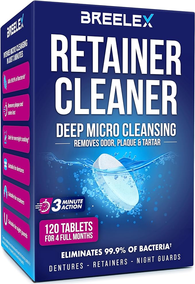 Breelex Denture Cleaning Tablets - 120 Retainer Cleaner Tablets for Aligner, Mouth & Night Guard - FSA HSA Approved Products - Dental Cleanser for Nightguard - Fresh in 3 Minute - Denture Cleaner