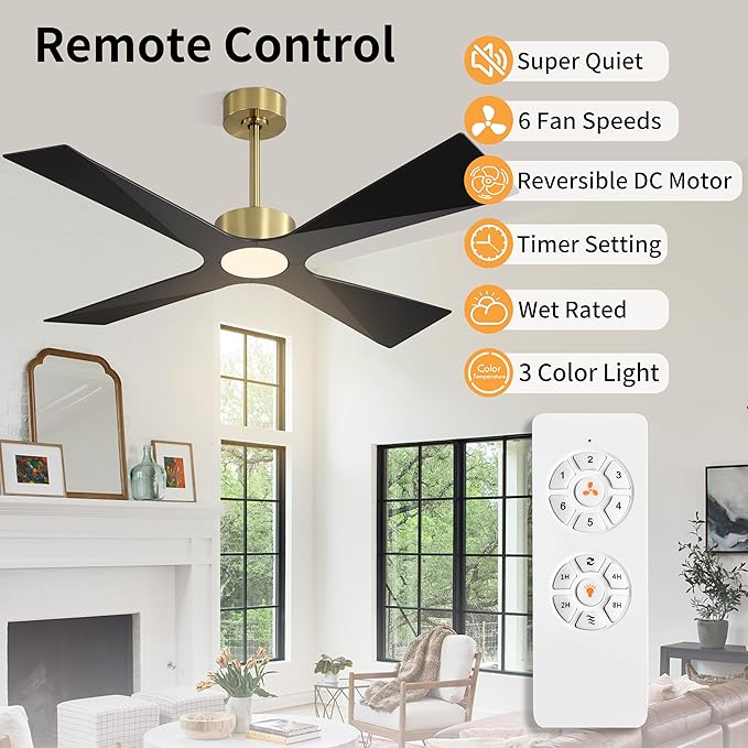 WINGBO 64" Wet Rated Outdoor Ceiling Fan with Lights, 4 ABS Plastic Blades, Reversible DC Motor, 6-Speed Remote Control, 3 CCT, Waterproof Ceiling Fan for Patio Porch Gazebo Garage, Brass and Black