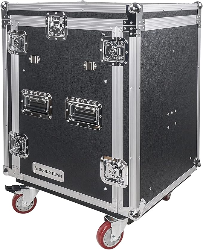 Sound Town Heavy-Duty 1/2" (12mm) Plywood 14U PA DJ Rack/Road ATA Case with 11U Slant Mixer Top, 20’’ Rackable Depth, 2 DJ Work Tables and Casters, 14-Space Size, Pro Tour Grade (STMR-14UWT2)