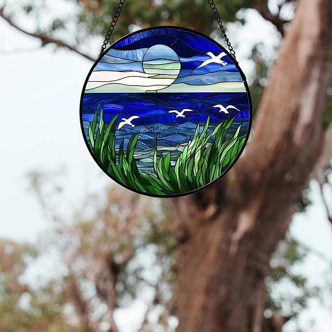 AMDERVEN Stained Glass Window Hanging 4 Pcs Set Navy Blue Ocean Landscape Large 11.8" - Suncatcher Door Garden Sun Catcher Decor Birthday Mother's Day for Mom Woman Nana Girl Boy Friend