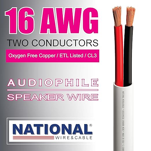 NATIONAL Wire&Cable - 16/2 Audiophile Speaker Wire (200 Feet) 16AWG Gauge - Made in USA - in Wall Audio Speaker Wire Cable/CL Rated/ETL Listed / 2 Conductors - OFC Oxygen-Free Copper, White 200ft