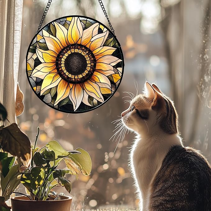 CRISGIF Stained Glass Window Hanging - Sunflower Suncatcher for Door Garden Patio Retro Flower Sun Catchers Decor Christmas Mother's Day Birthday Gifts for Women Mom Nana Friend Wife 7.8 in