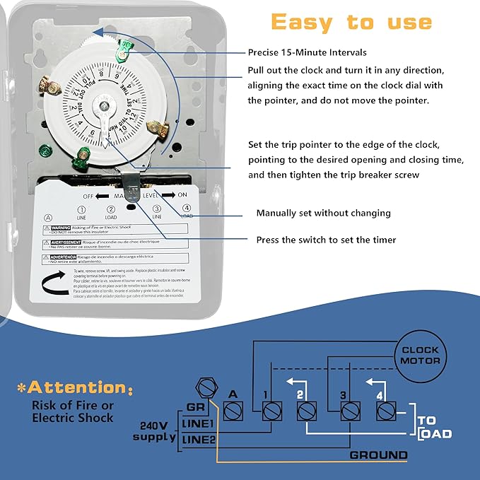 T104 Electromechanical Timer Switch,40A Load Capacity,1-12 Cycles Per Day - Manual Override,Versatile Scheduling