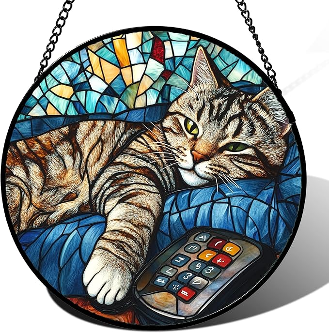 DASTOLL Stained Glass Window Hanging Gray Cat and Remote Control Large 11.8" - Suncatcher Door Garden Kitchen Sun Catcher Home Decor Birthday for Lost Pets Mom Men Woman Friend Grandma