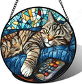 DASTOLL Stained Glass Window Hanging Gray Cat and Remote Control 7.8" - Suncatcher Door Garden Kitchen Sun Catcher Home Decor Birthday for Lost Pets Mom Men Woman Friend Grandma