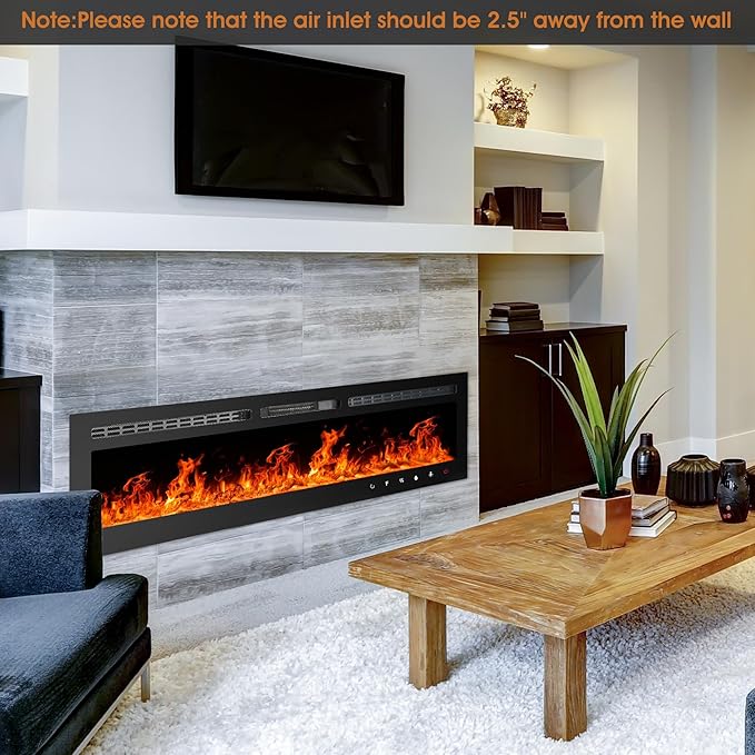 60 inch Ultra-Thin Electric Fireplace Recessed and Wall Mounted with Touch Screen Control Panel/Remote Control- Timer,Realistic 5 Flame - Log & Crystal Hearth Options