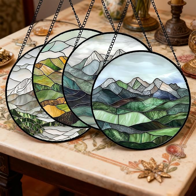 AMDERVEN Stained Glass Window Hanging 4 Pcs Set Mountain River Landscape 9.8" - Suncatcher Door Garden Sun Catcher Decor Birthday Mother's Day for Mom Woman Nana Girl Boy Friend
