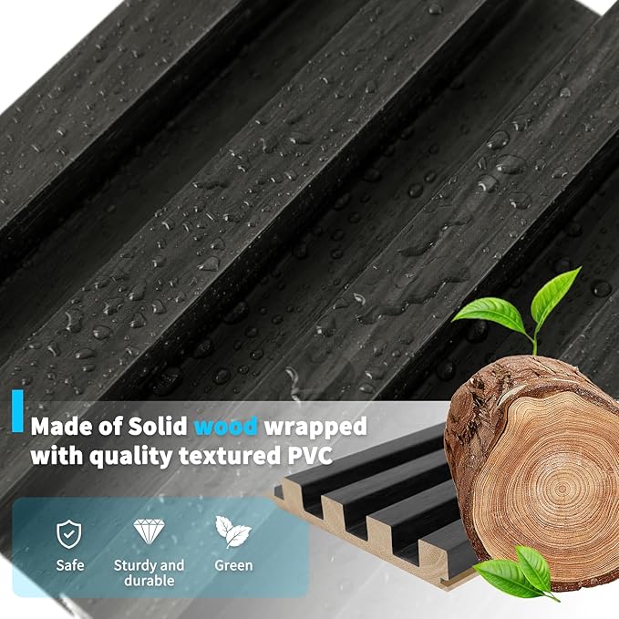 Art3d Slat Wood Wall Paneling for Interior and Ceiling Decoration - Pack of 4pcs + 1pc End-Trim, Size 108 x 5.7in.- Black