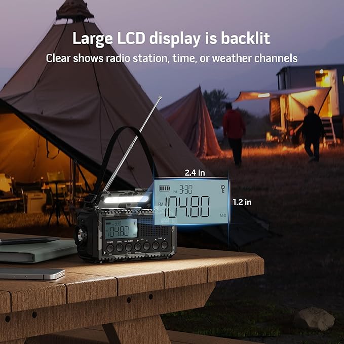 Mesqool Emergency Radio AM/FM/SW/NOAA Weather Radio, 12000 Battery Powered Rechargeable Hand Crank Solar Radio Flashlight Cell Phone Charger, SOS, Including Type-C Adapter Cord
