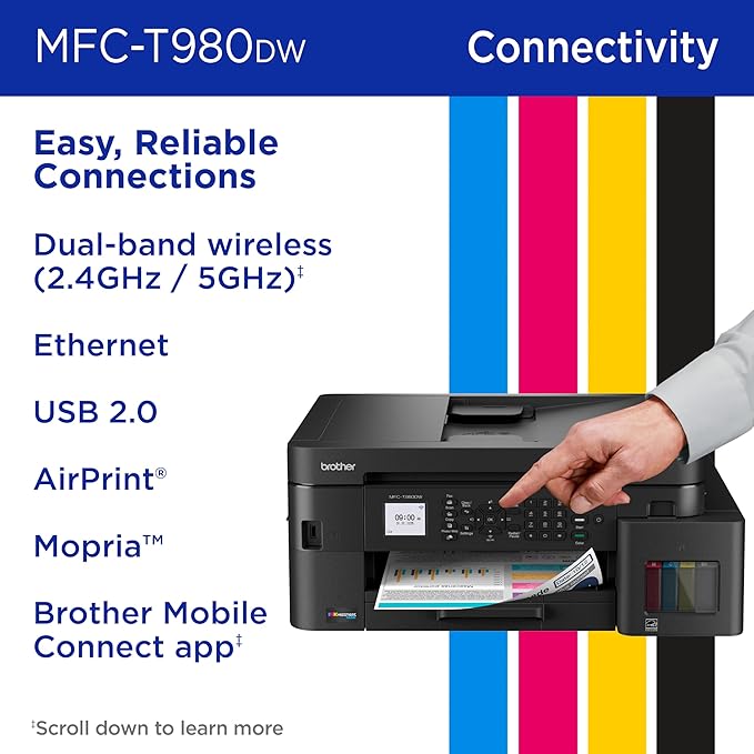 Brother INKvestment Tank 980 Wireless and Ethernet Color Inkjet All-in-One Printer with Multipurpose Tray | Includes up to 3 Years of Ink in-Box(1) and 3-Year Limited Warranty(2) (MFC-T980DW)