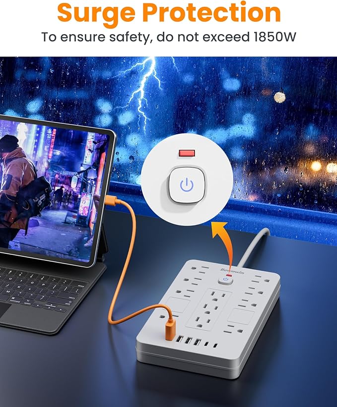 Bawmwim Surge Protector Power Strip - 11 Outlets(1850W/15A) with 6 USB Ports(2 USB C), 10FT Flat Plug Extension Cord, Wall Mount, White, ETL Listed for Home, Dorm Room