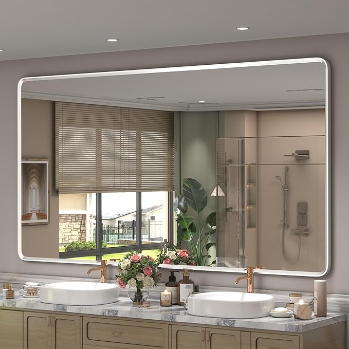 66x36 Inch Silver Framed Mirror, Silver Bathroom Vanity Mirror for Wall, Brushed Nickel, Rounded Rectangle Mirror, Shatterproof, Anti-Rust (Horizontal/Vertical)