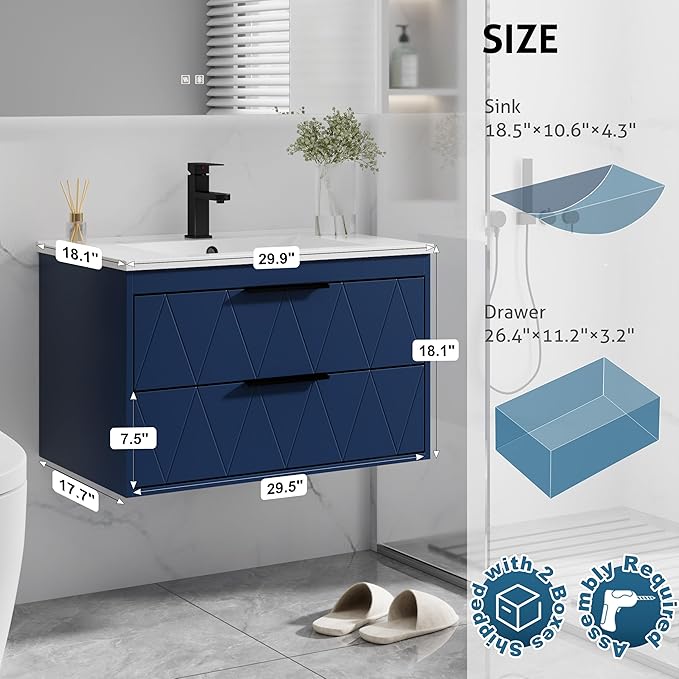 eclife 30" Bathroom Vanities Cabinet with Sink Combo, Wall Mounted Floating Cabinet W/Decor Line, Soft-Close System, 2 Extra Big Drawers, Matte Black Faucet, Navy Blue