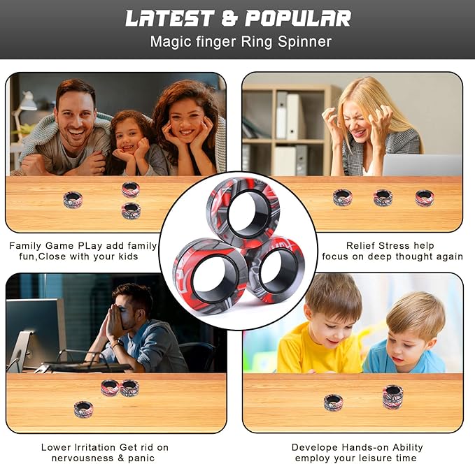 Cevioce 3Pcs Magnetic Rings Fidget Toy Set, Idea ADHD Anxiety Magnetic Fidget Toys Adults Fidget Spinner Rings for Relief, Valentines Day Gifts for 8+ Year Old Teen Boy Girl Easter Basket Stuffers B
