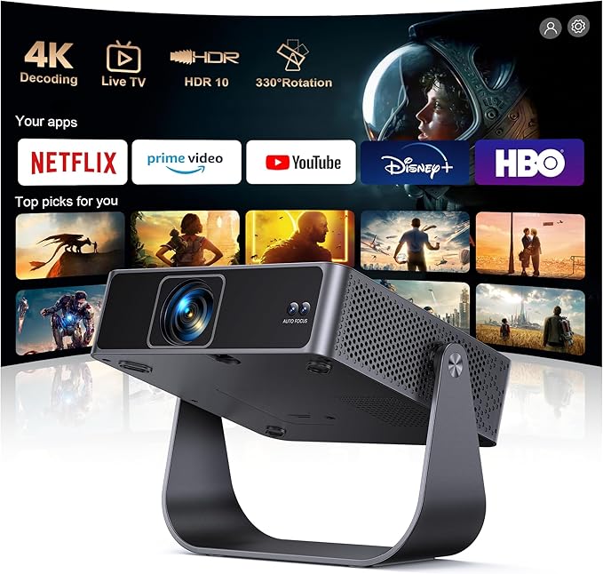 [Officially-Licensed Apps & Live TV & Auto Focus]Smart Mini Projector with WiFi and Bluetooth Ultra-thin, 4K Support Outdoor Movie Projector, Portable Native 1080P Projector for Bedroom/Home/Celling