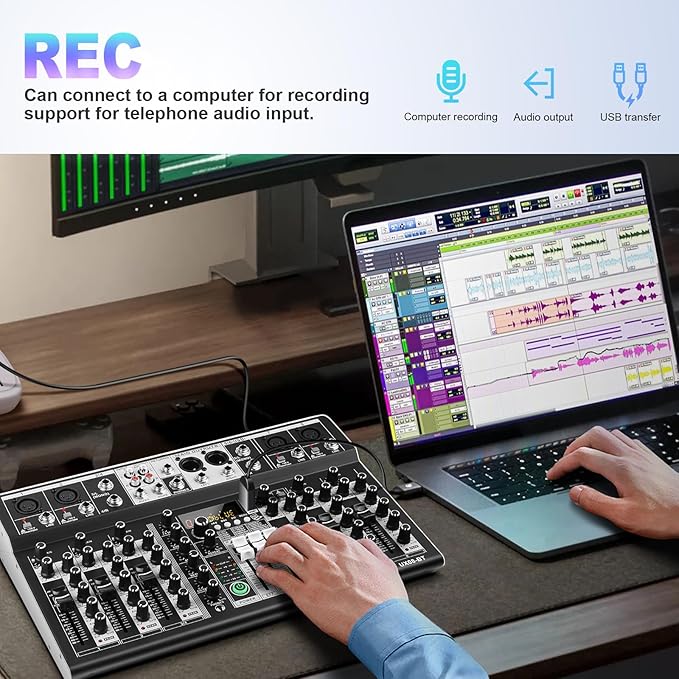 8 Channel Audio Mixer DJ Mixer Sound Board Console 16 Dsp USB Audio Interface MP3 Input +48V Phantom Bluetooth Studio Mixer Audio For Karaoke Streaming Recording