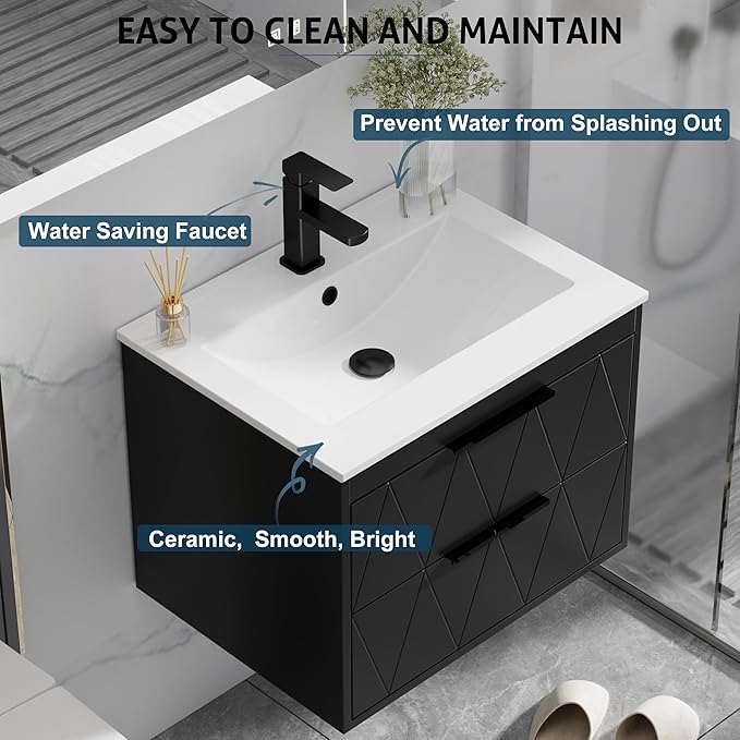 eclife 24" Bathroom Vanities Cabinet with Sink Combo, Wall Mounted Floating Cabinet W/Decor Line, Soft-Close System, 2 Extra Big Drawers, Matte Black Faucet, Black