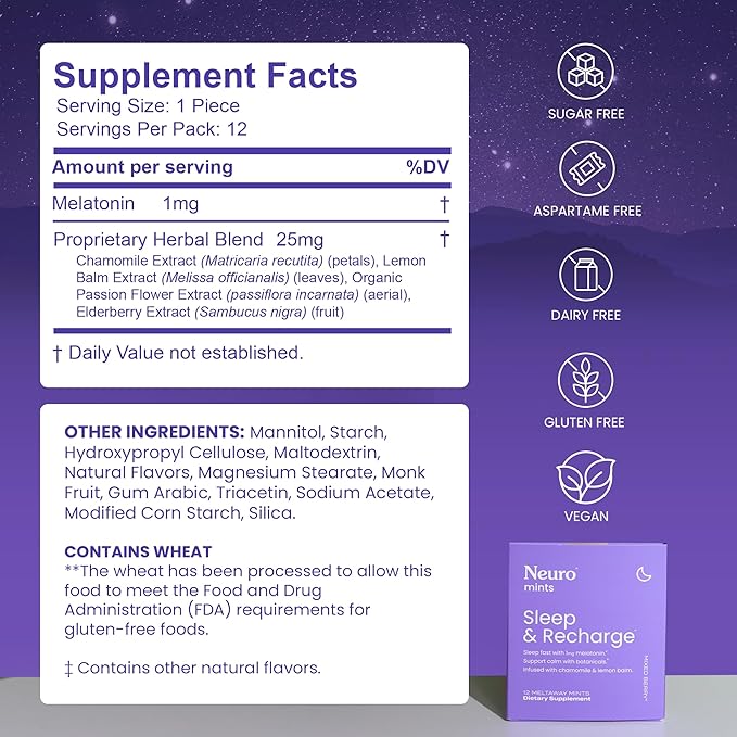Neuro Sleep & Recharge Meltaway Mints - Contains Melatonin 1 mg, Chamomile & Elderberry - Travel Aid for Nighttime Relaxation & Healthy Sleep Cycle - Mixed Berry, 72 ct