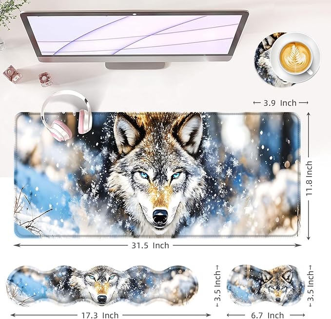 BFUKVOU Large Keyboard Mouse Pad Set, Extended Mouse Pad+Keyboard Wrist Rest Support, Memory Foam Ergonomic Easy Typing, 4Pcs (31.5×11.8 in) Desk Pad Set for Office Home,Snowy Wolf