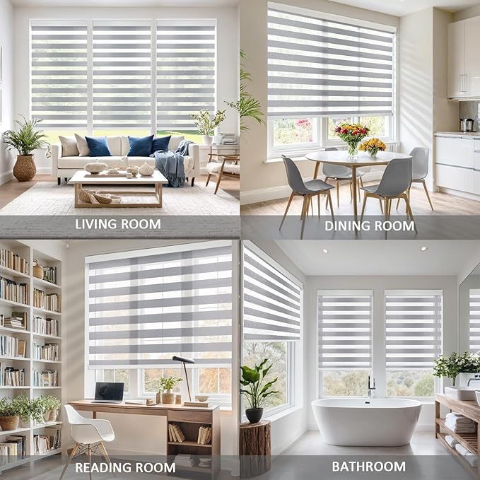 COOLWINDS Motorized Zebra Blinds for Windows Cordless Electric Curtains with Remote Control Blackout Shades Custom Smart Blinds Compatible with Alexa Google Home(Light Filtering Grey,W32 X 72in)