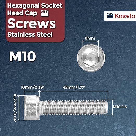Kozelo 6pcs Socket Head Cap Screws - [M10-1.5 x 45mm] 304 Stainless Steel Allen Socket Drive for Electrical Motor 3D Printing Fan Engine Replacement Use, Silver