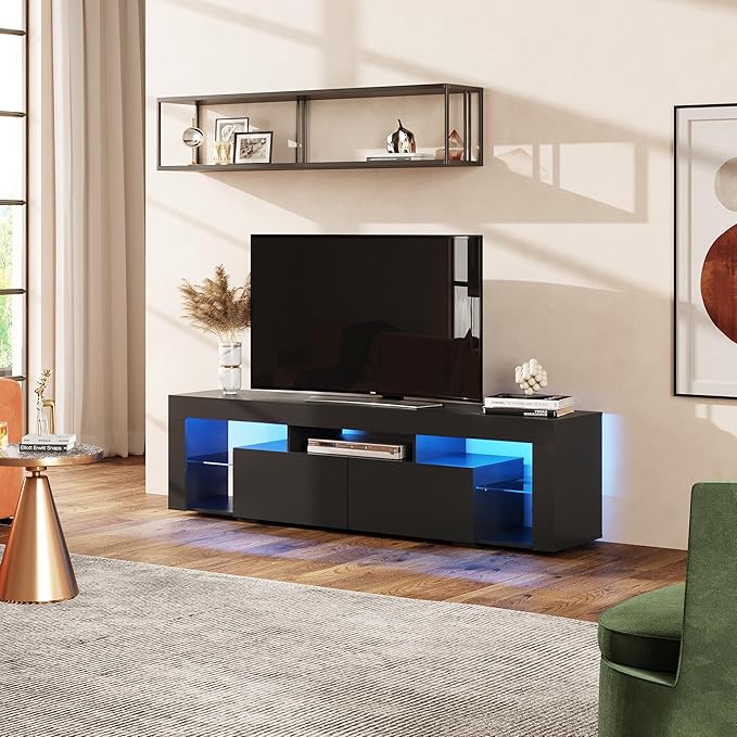 WLIVE 63 inch TV Stand for 50 55 60 65 70 75 Inch TVs, Modern Entertainment Center with LED Lights & 2 Large Storage Drawers, TV Console Gaming Media Television Stands for Living Room, Bedroom(Black)
