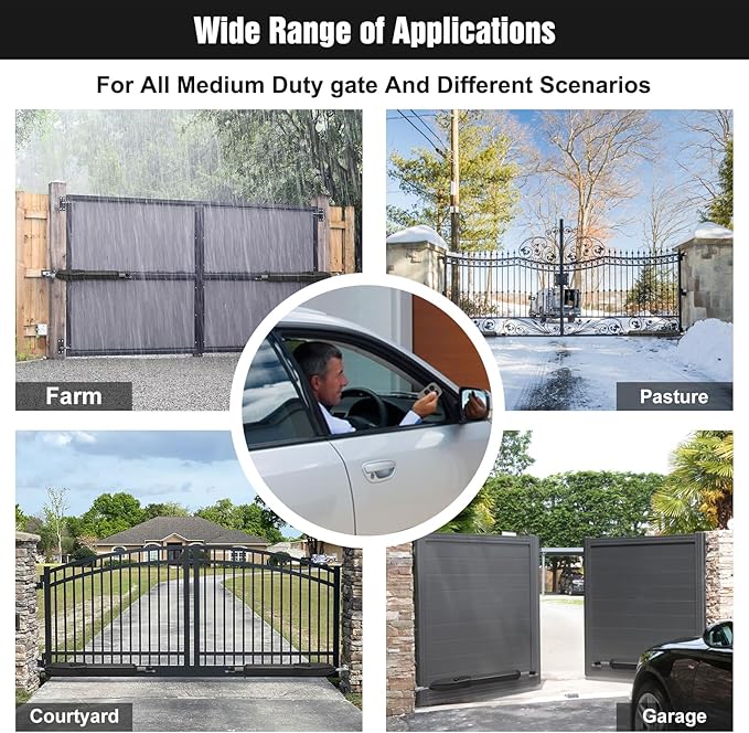 JUJIANG C01 Solar Gate Opener with Batteries & Solar Panel for Dual Swing Gates Up to 440lb 12FT per Arm Automatic Gate Opener with Remote Complete Kit Light Duty Automatic Gate Openers Solar Powered