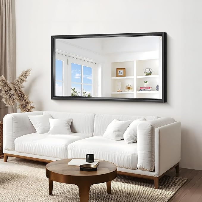Large Bathroom Mirror, 60 x 36 Inch Rectangular Wall Mirror 0.6" Thickened Deep Frame, Brushed Black Mirrors for Bathroom Sink, Shatterproof Tempered Glass, Antirust, Horizontally or Vertically