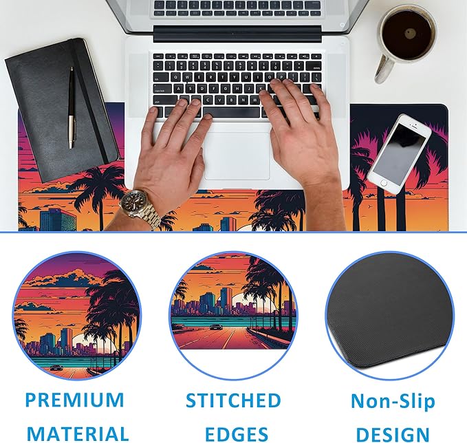 EOBKLAX Mouse Pad,Orange Purple Miami Landscape Desk Mat for Desktop,Desk Pad with Non-Slip Base and Stitched Edge,Extended Mousepad for Office and Home 35.4X15.7 Inch