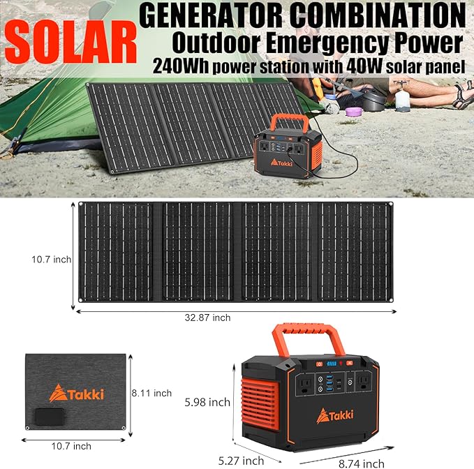 Takki 300W Solar Generator 240Wh Portable Power Station with 40W Foldable Solar Panel Power Bank with 110V AC Outlet USB DC for Emergency CPAP Outdoor Camping Home Use Blackout