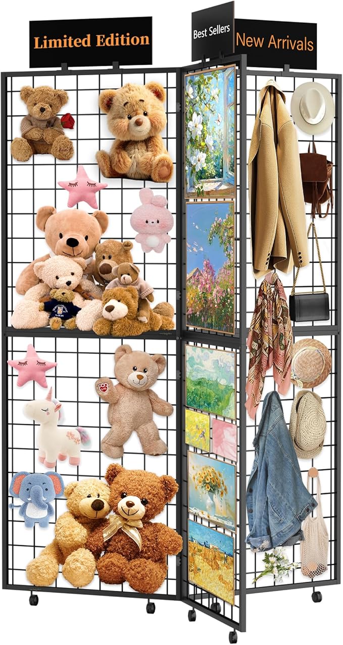 DEMEGA 360° Foldable Grid Wall Panel, Three 6' x 4.25' Ft Double Side Gridwall Display Stand with Notice board, Heavy Duty Sturdy Floorstanding Wire Grid Rack, Movable Wheel for Retail Art Craft Fairs