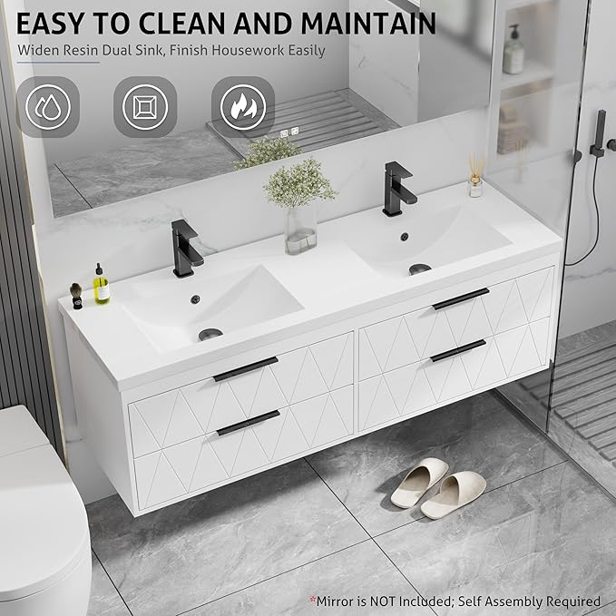 eclife 60" Bathroom Vanities Cabinet with Sink Combo, Wall Mounted Floating Cabinet W/Decor Line, Soft-Close System, 4 Extra Big Drawers, Matte Black Faucet, White