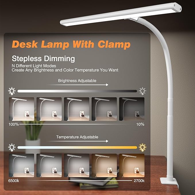 Airlonv LED Desk Lamp for Office Home, Eye-Caring Desk Light with Stepless Dimming Adjustable Flexible Gooseneck, 10W USB Adapter Desk Lamp with Clamp for Reading, Study, Workbench