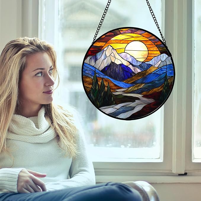 AMDERVEN Stained Glass Window Hanging, Yellow Blue Sunset Mountains Scenery Sun Catcher for Window Home Decor Landscape Suncatcher Mother's Day Birthday Gifts for Women Men Mom and Nana 11.8 in