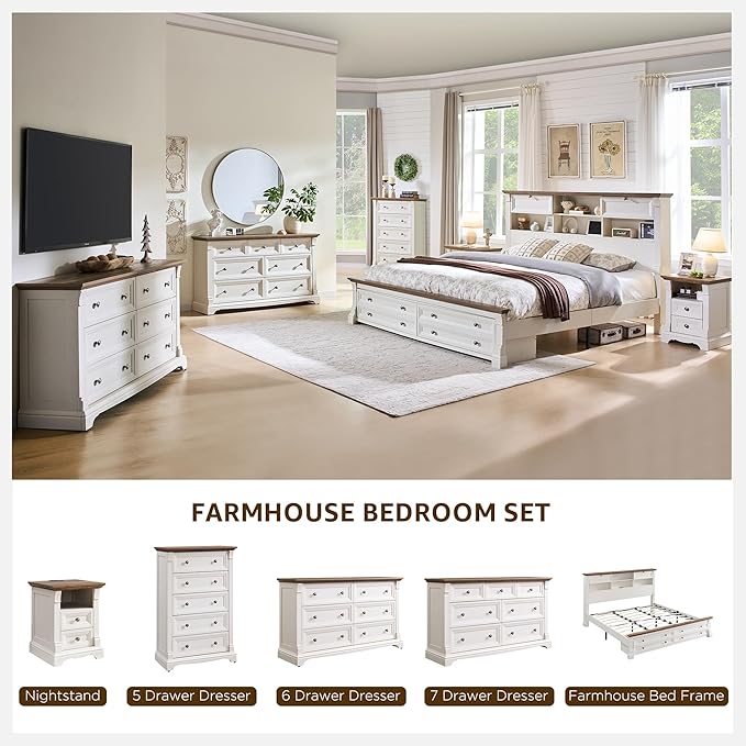T4TREAM Farmhouse Nightstand with Charging Station, 18" End Table with 2 Drawers Storage, Wood Side Table w/Roman Column, Bedside Cabinet for Bedroom, Living Room, Antique White