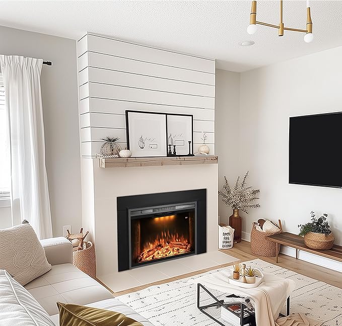 Velaychimny 45" W x 25" H Electric Fireplace Insert with Metal Trim Kit, Adjustable Flame, Fire Crackling Sound, Top Light Colors, Timer, Glass Door & Mesh Screen, Black