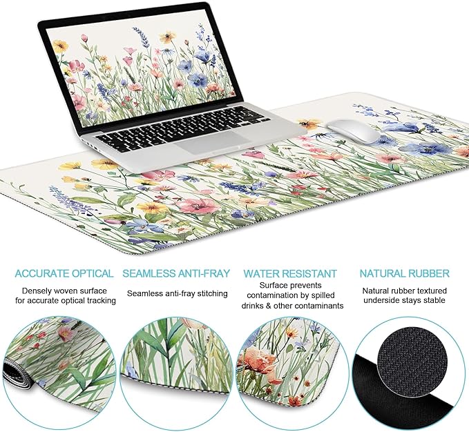 LIMKRIAN Flower Mouse Pad Set Large Desk Matt for Desktop, Ergonomic Mouse Pad with Wrist Rest, Gaming Wrist Support Keyboard Mat Cup Coaster Set Cute Office Desk Decor Accessories