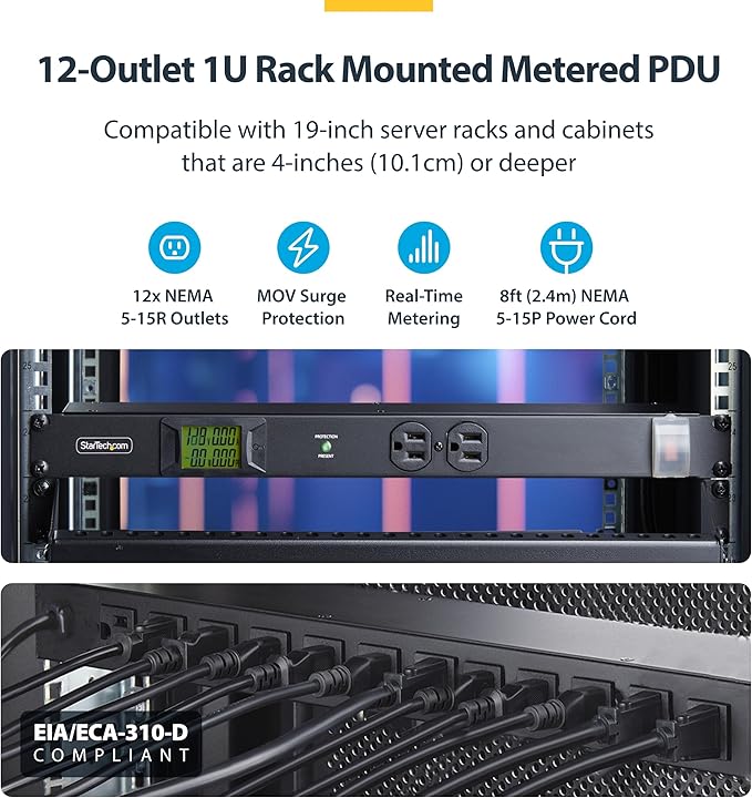 StarTech.com 12-Outlet Horizontal Rack Mount Metered PDU, 1U Server Power Strip w/Surge Protector, 8ft/2.4m Power Cable, TAA