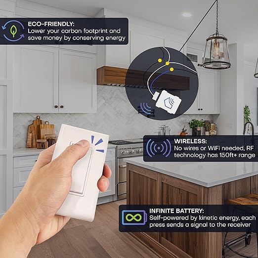RunLessWire Single Pole Battery-Free DIY Wireless Light Switch Kit 150ft RF Range Self-Powered by Kinetic Energy for Fixtures & Outlets : 1 Remote Switch Controls 1 5A On/Off Receiver – Gray
