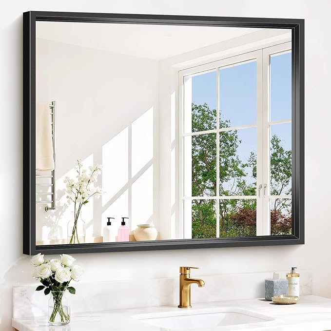 Bathroom Mirror, 42 x 36 Inch Brushed Black Rectangle Mirror, 0.6" Thickened Deep Frame Mirrors for Wall Over Sink, Shatterproof Tempered Glass, Antirust, Horizontally or Vertically