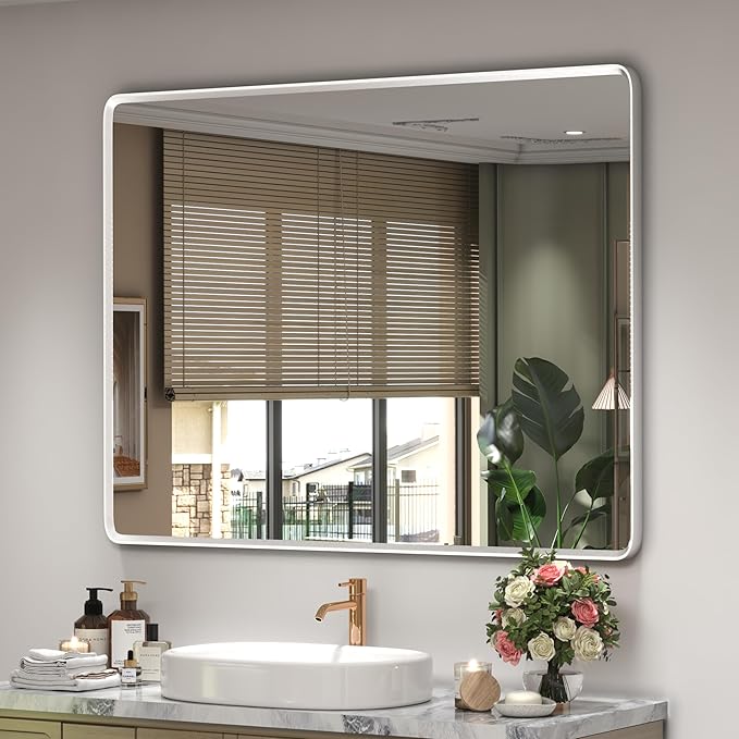 40x30 Silver Bathroom Mirror, Silver Vanity Mirror for Wall, Rounded Rectangle Mirror with Beveled Border, Anti-Rust, Shatterproof (Horizontal/Vertical)