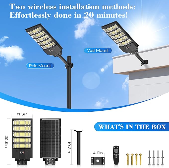 OKPRO Solar Street Lights Outdoor,10000W Solar Lights Outdoor Waterproof with Motion Sensor, IP66 Solar Flood Lights for Yard, Pathway, Parking Lot - 350° Wide Angle & Remote Control Included (2 PACK)