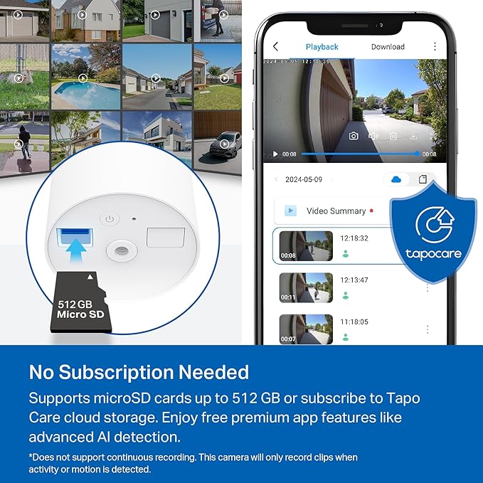 Tapo TP-Link SolarCam C402 Kit, Outdoor Battery Camera w/Solar Panel Base, Wireless, 1080P, Free Person Detection, SD/Cloud Storage, Color Night Vision, No Hub Needed, Works w/Alexa