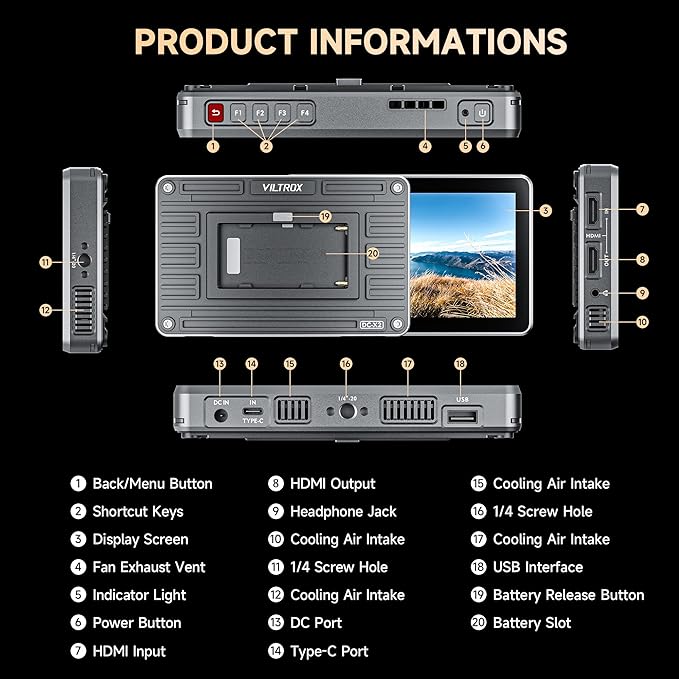 VILTROX DC-X2 2000 Nits Video Field Monitor with Rig Cage, 6 inch Touchscreen 4K HDMI in/Out On Camera Monitor with Sunshade Hood Battery, 1920X1080 HD Focus Peaking 3D Lut Full Waveform RGB Parada