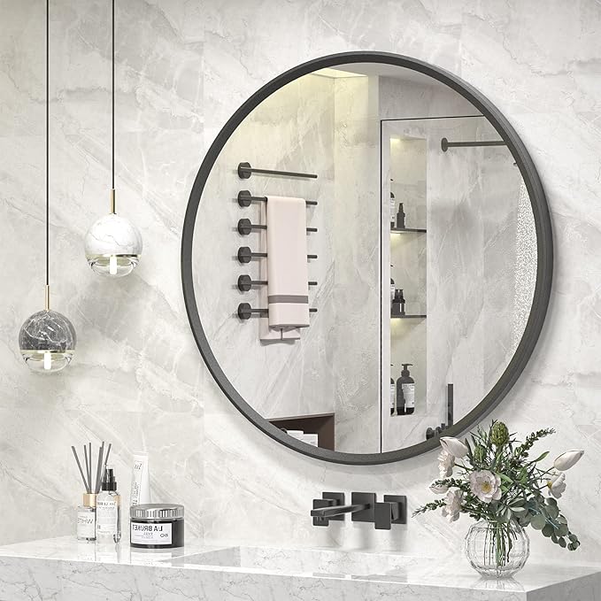 20 Inch Matte Black Round Mirror, Round Bathroom Vanity Mirror wilth Metal Frame, Black Circle Mirror for Wall Entryway Hallway Home Decor, Anti-Rust, Shatterproof