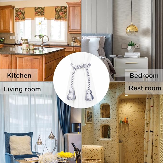Nieffeiy Magnetic Curtain Tiebacks Outdoor Curtain Tie Backs Rope Decorative Magnetic Curtain Holders for Drapes Window Treatment Holdbacks, Grey 2Pack