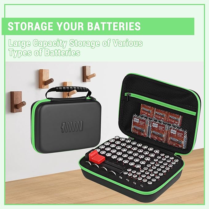 stukcaze Battery Organizer Storage Case with Tester for AA AAA Button Battery Holder Carrying 3 Batteries Variety Pack 88 Batteries Zipper Mesh Bag (Batteries Not Included) (black-green)