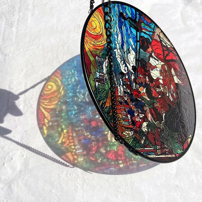 Stained Glass Window Hanging, Stunning 8''/20CM Suncatchers for Windows with Fade Resistant Hand-Painted Decorative Hanging Ornaments Captures Sunlight to Create a Vibrant Atmosphere (Beach Cafe)